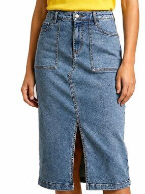 Size 7 Denim Midi Skirt Front Slit Casual Blue Jean Skirt Chic. College. Dinner